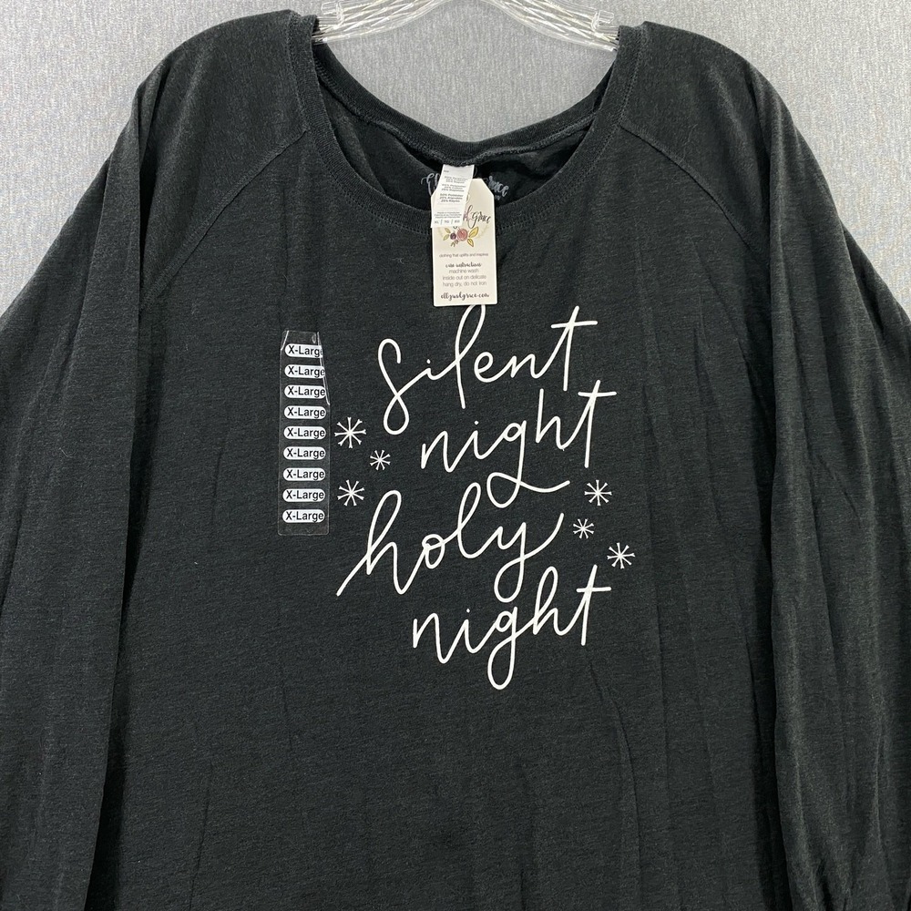 Elly and Grace‎ Womens Holiday Silent Night Shirt XL Charcoal Long Sleeve Raglan
